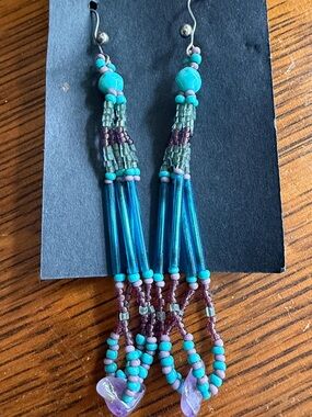 Turquoise and Teal Beaded Tassel Earrings - Unbranded